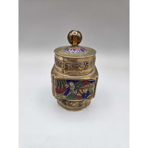Vintage CHINESE ENAMELED Brass TEA CADDY JAR Amber Lucite Topper Lid Scene - Picture 1 of 9